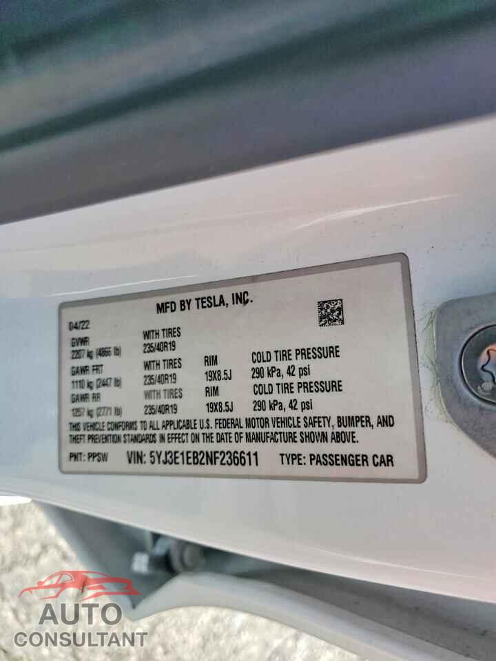 TESLA MODEL 3 2022 - 5YJ3E1EB2NF236611