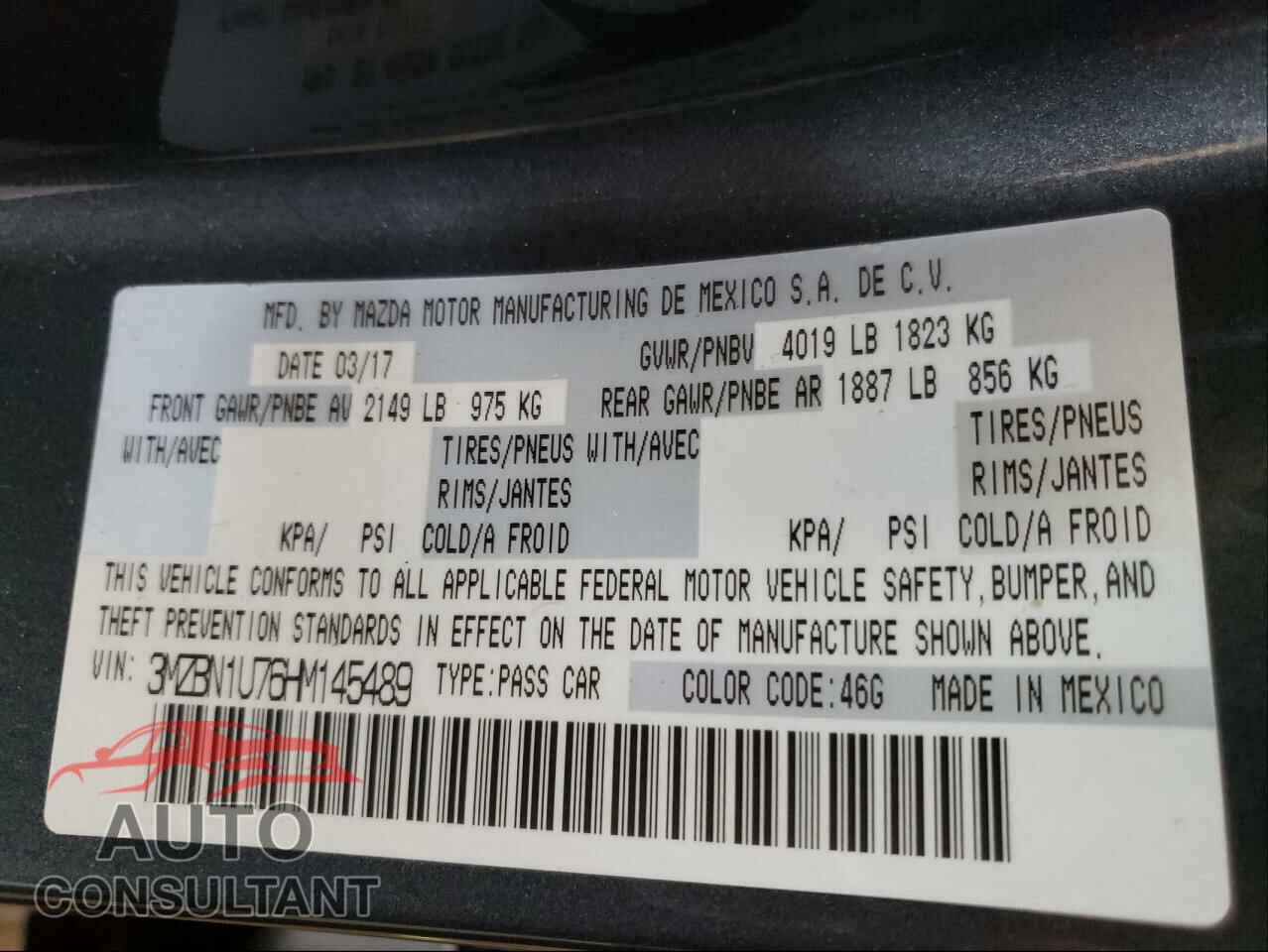MAZDA 3 2017 - 3MZBN1U76HM145489