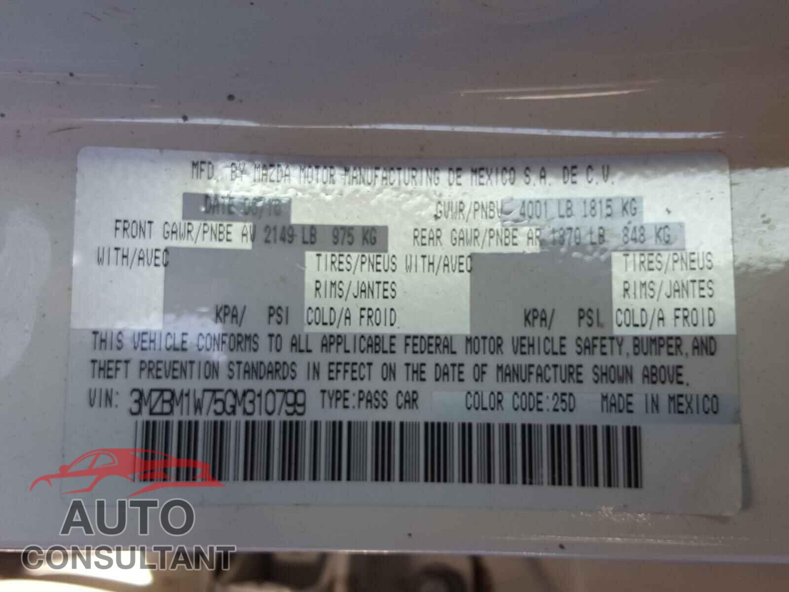 MAZDA 3 2016 - 3MZBM1W75GM310799