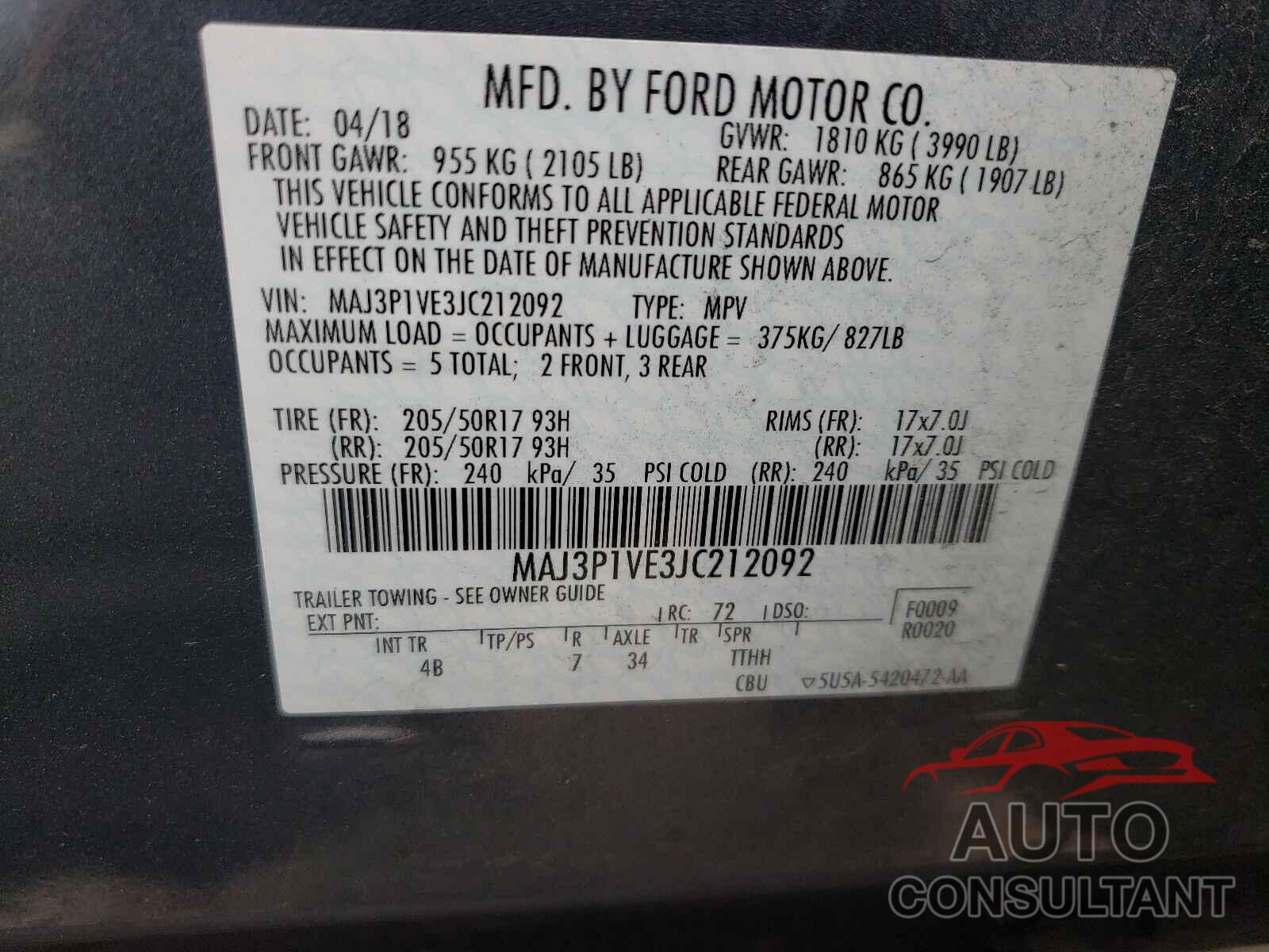 FORD ALL OTHER 2018 - MAJ3P1VE3JC212092