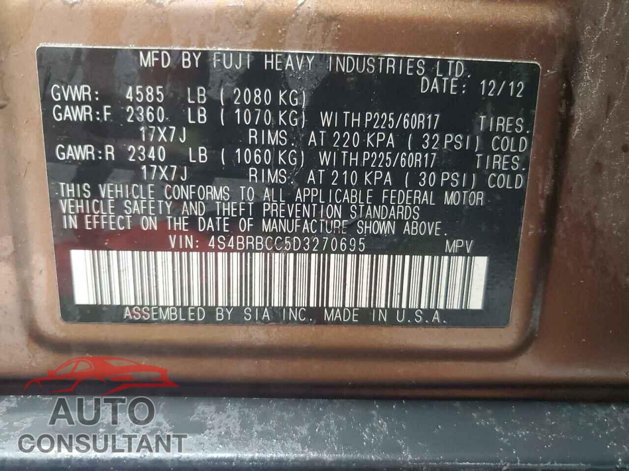 SUBARU OUTBACK 2013 - 4S4BRBCC5D3270695
