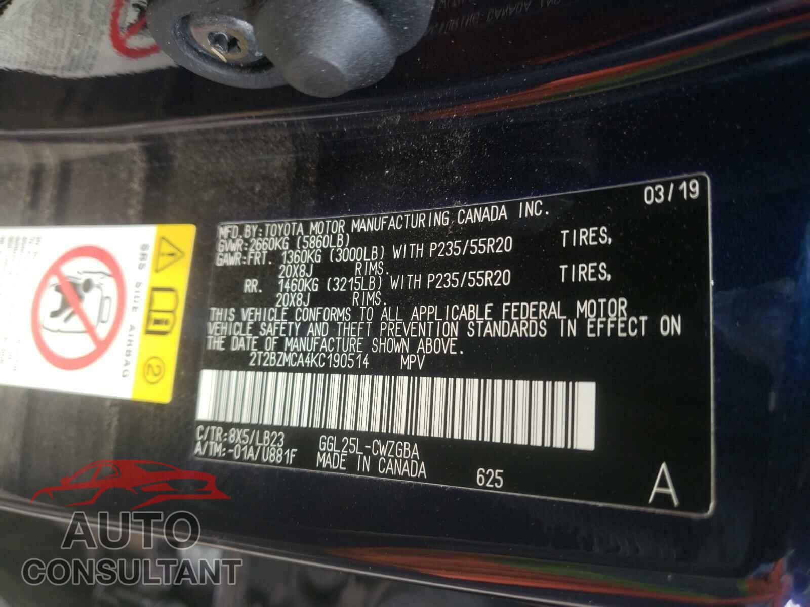 LEXUS RX350 2019 - 2T2BZMCA4KC190514