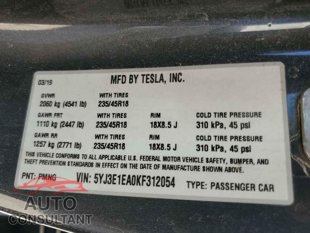 TESLA MODEL 3 2019 - 5YJ3E1EA0KF312054