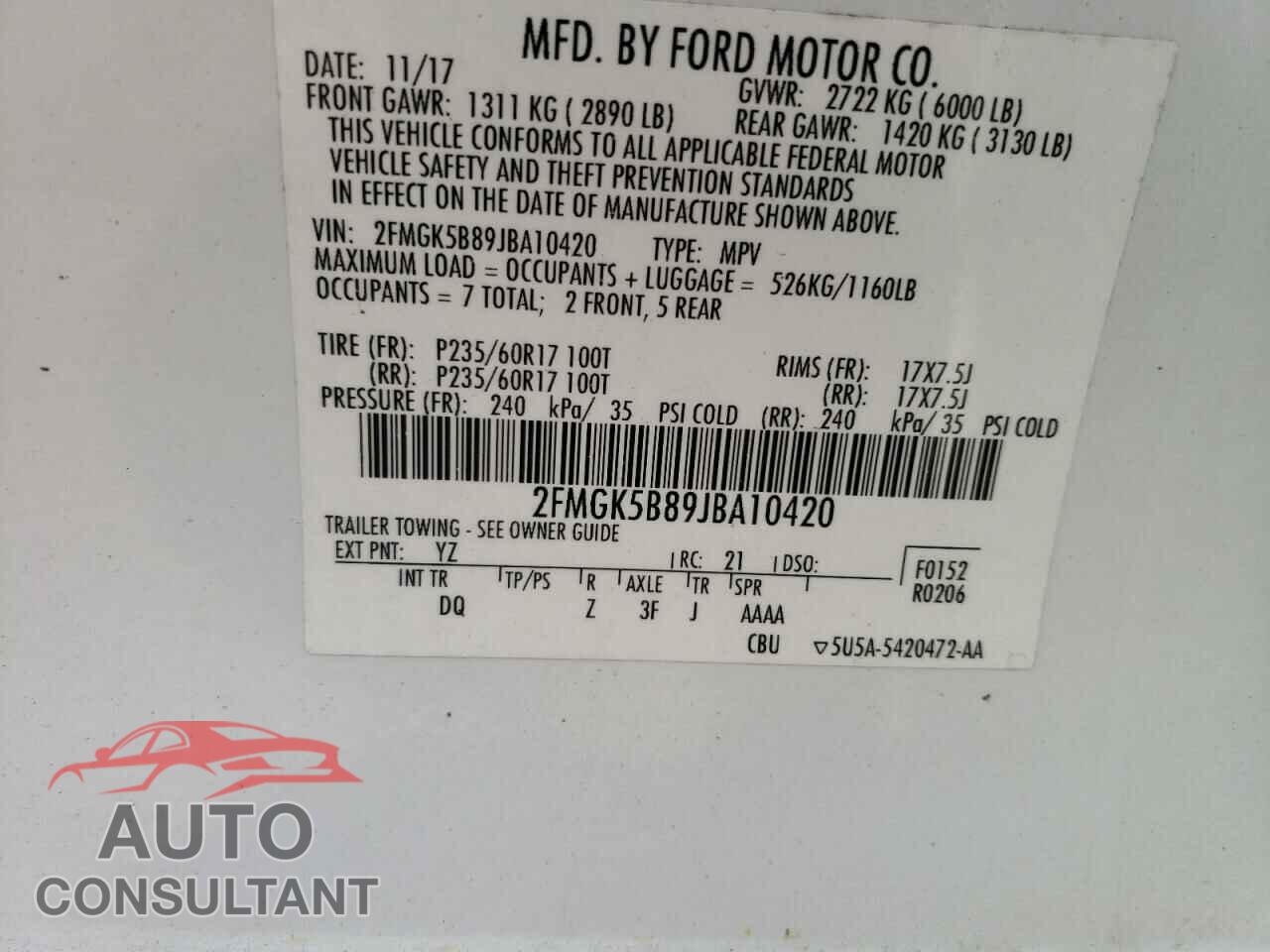 FORD FLEX 2018 - 2FMGK5B89JBA10420