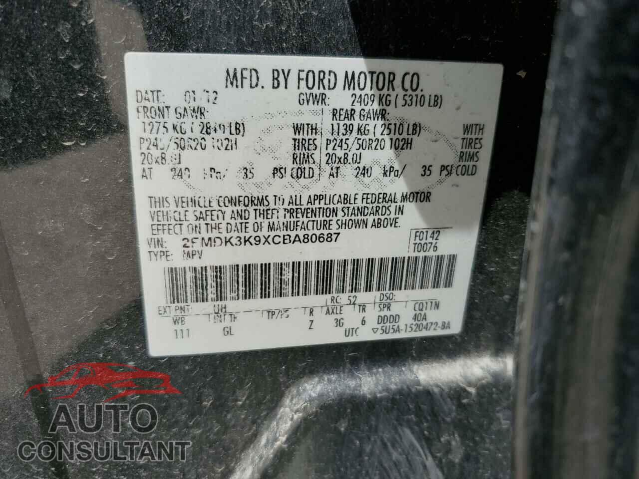 FORD EDGE 2012 - 2FMDK3K9XCBA80687