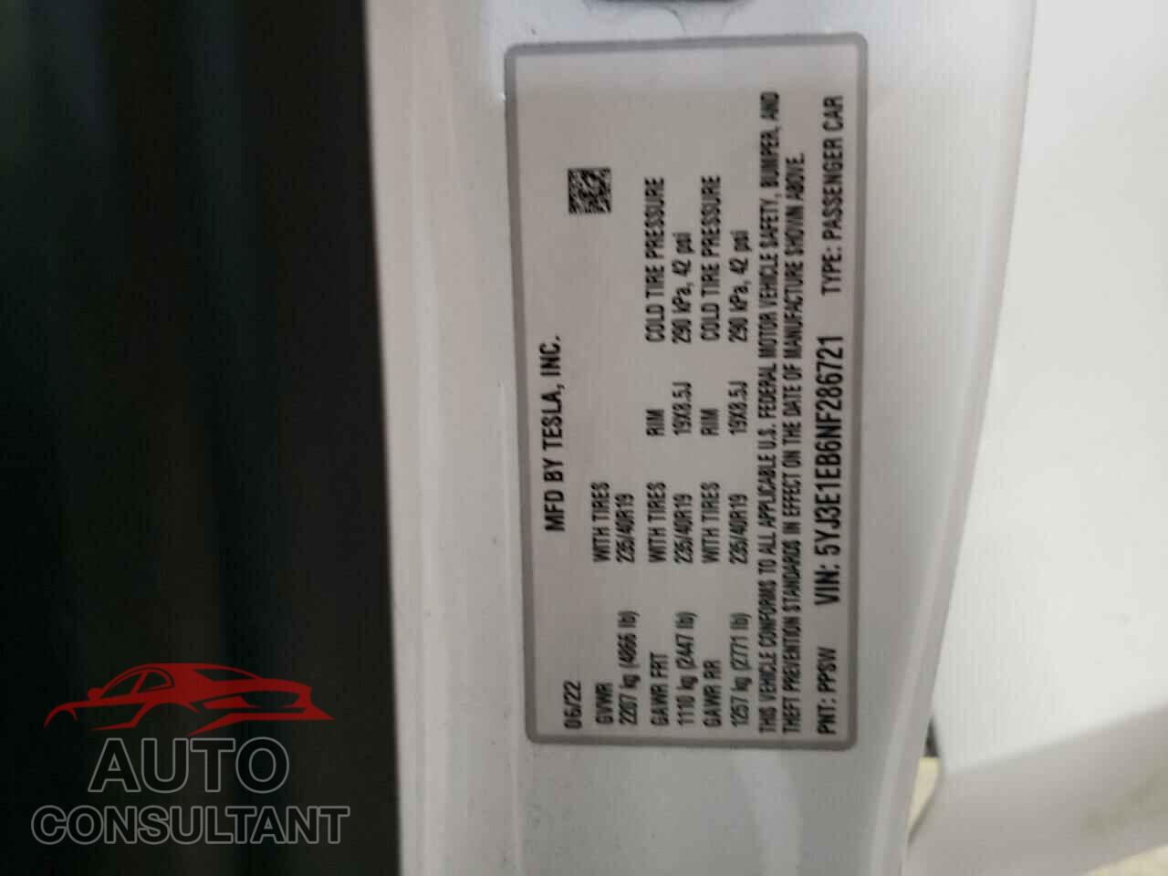 TESLA MODEL 3 2022 - 5YJ3E1EB6NF286721