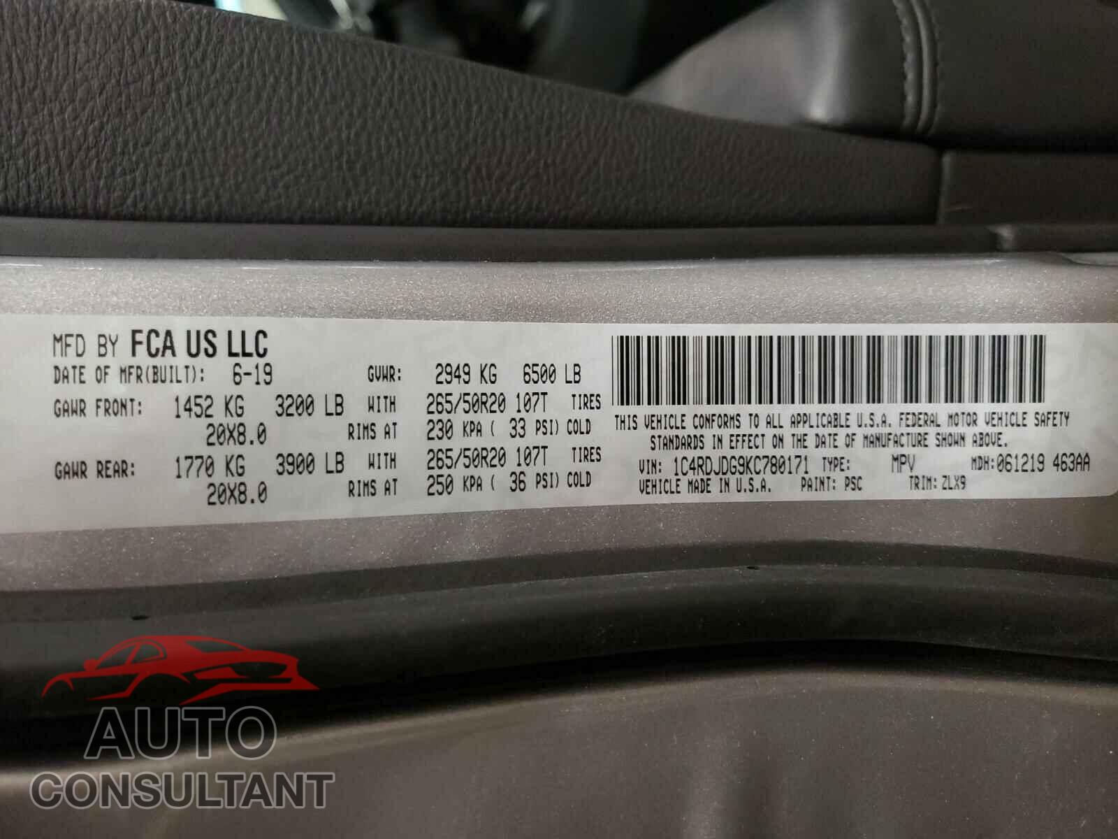 DODGE DURANGO 2019 - 1C4RDJDG9KC780171