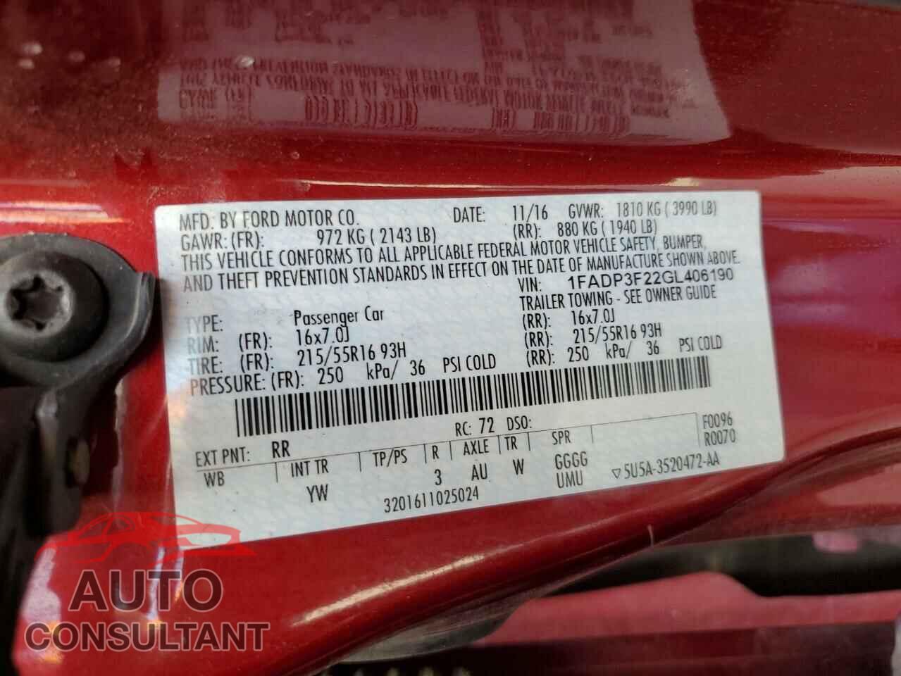 FORD FOCUS 2016 - 1FADP3F22GL406190