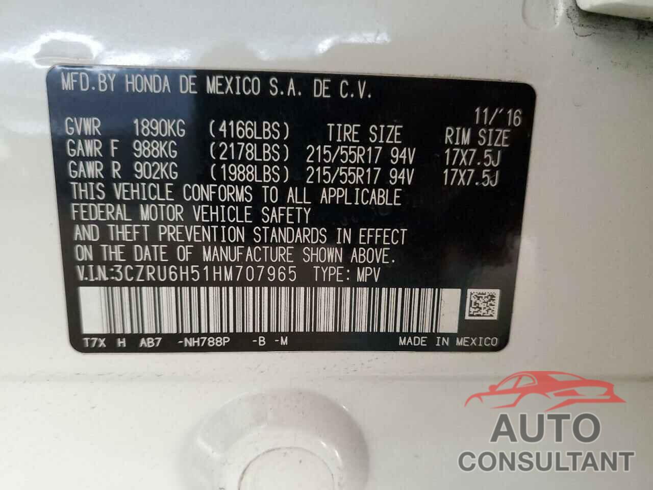 HONDA HR-V 2017 - 3CZRU6H51HM707965