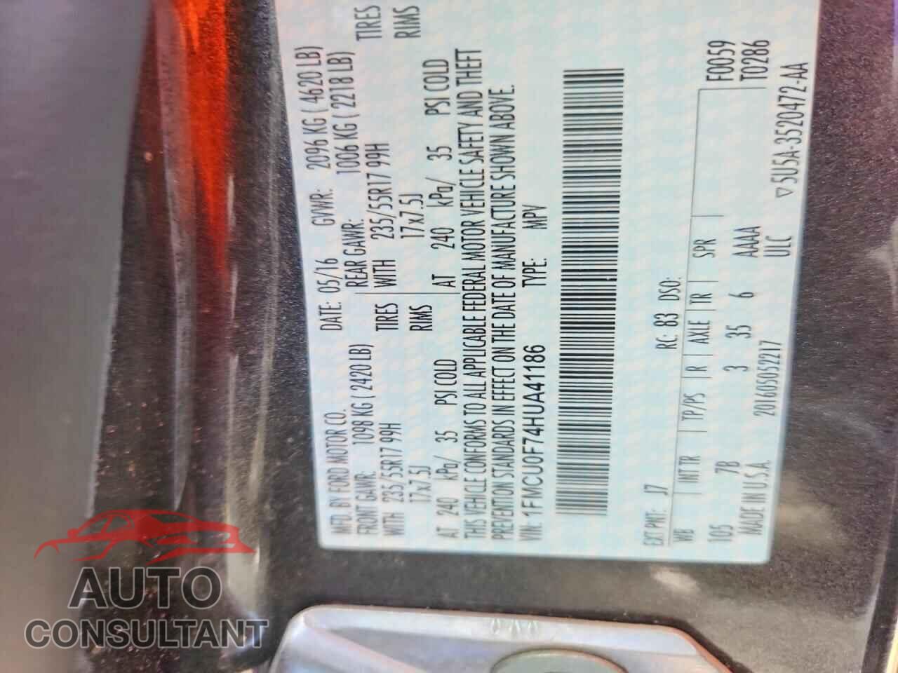 FORD ESCAPE 2017 - 1FMCU0F74HUA41186