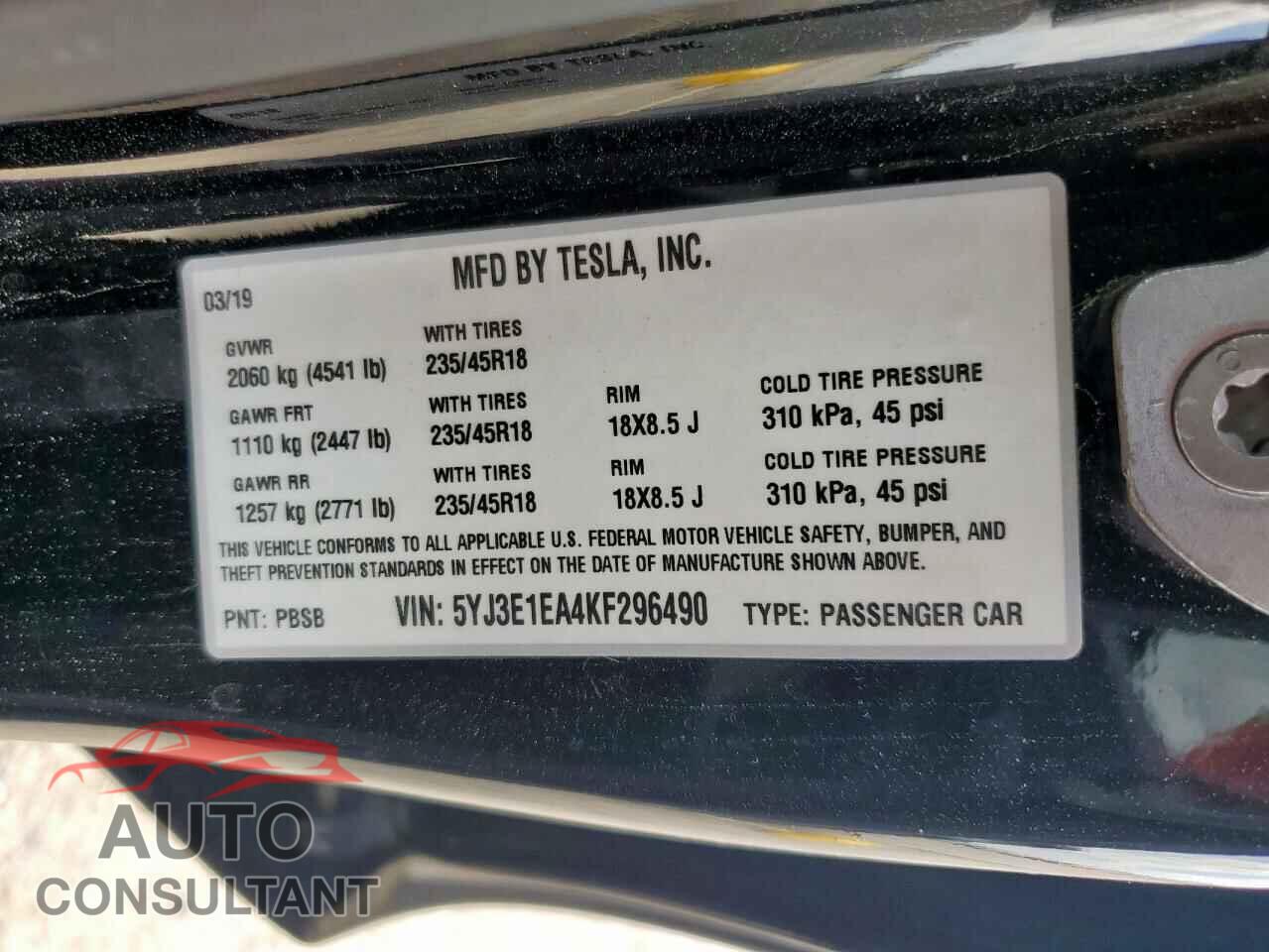 TESLA MODEL 3 2019 - 5YJ3E1EA4KF296490