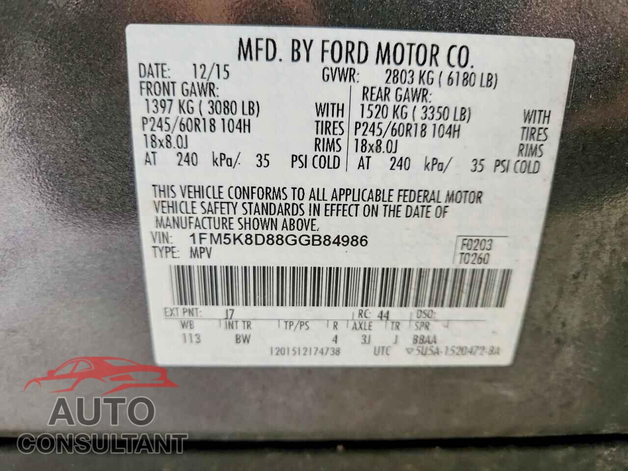 FORD EXPLORER 2016 - 1FM5K8D88GGB84986
