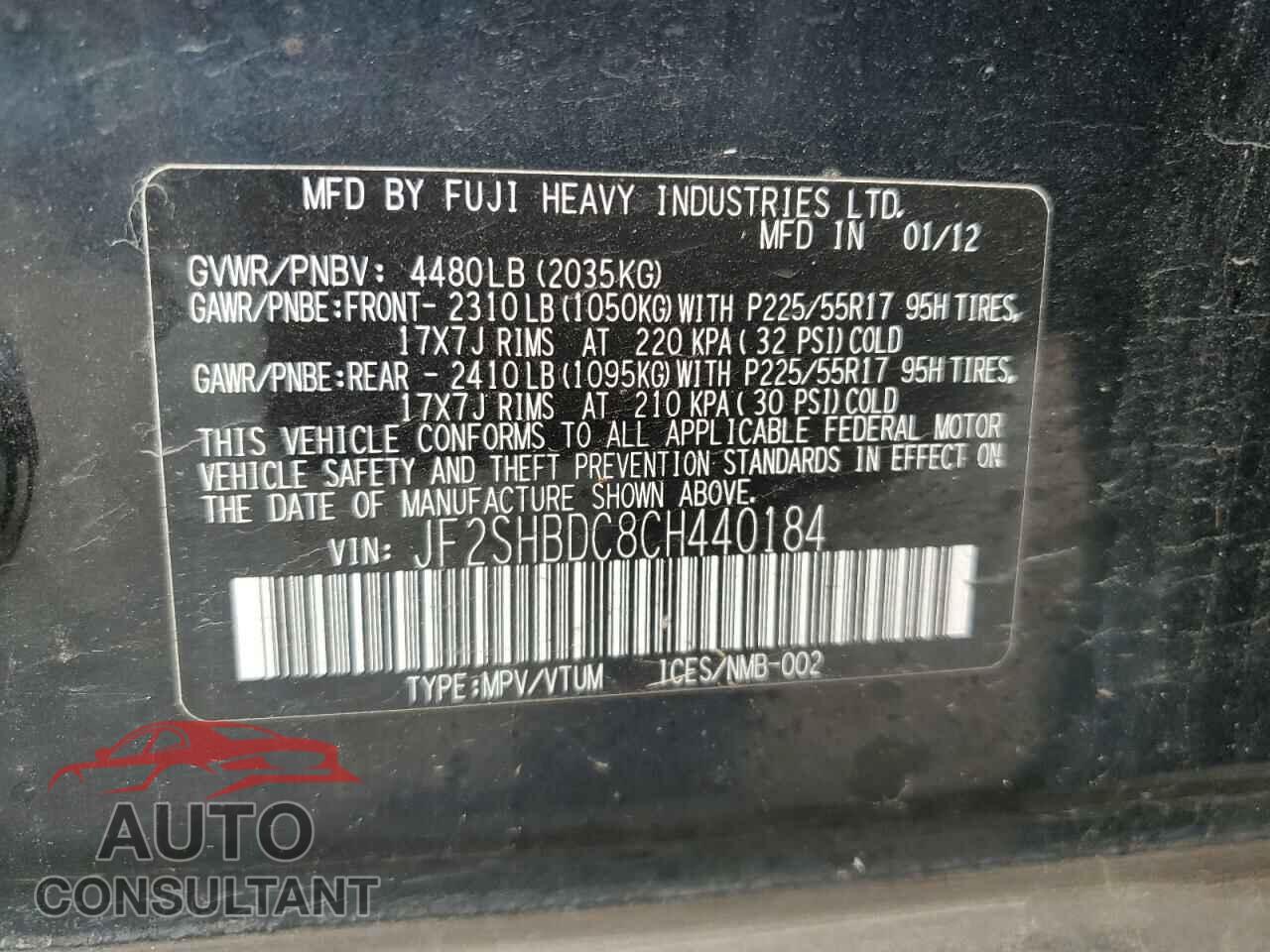 SUBARU FORESTER 2012 - JF2SHBDC8CH440184