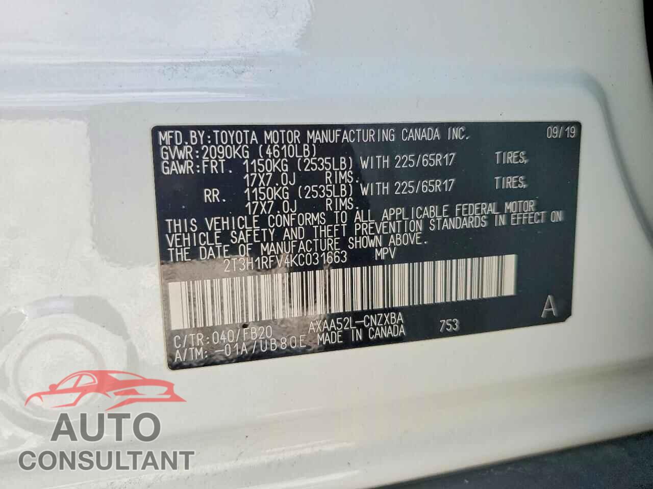 TOYOTA RAV4 2019 - 2T3H1RFV4KC031663
