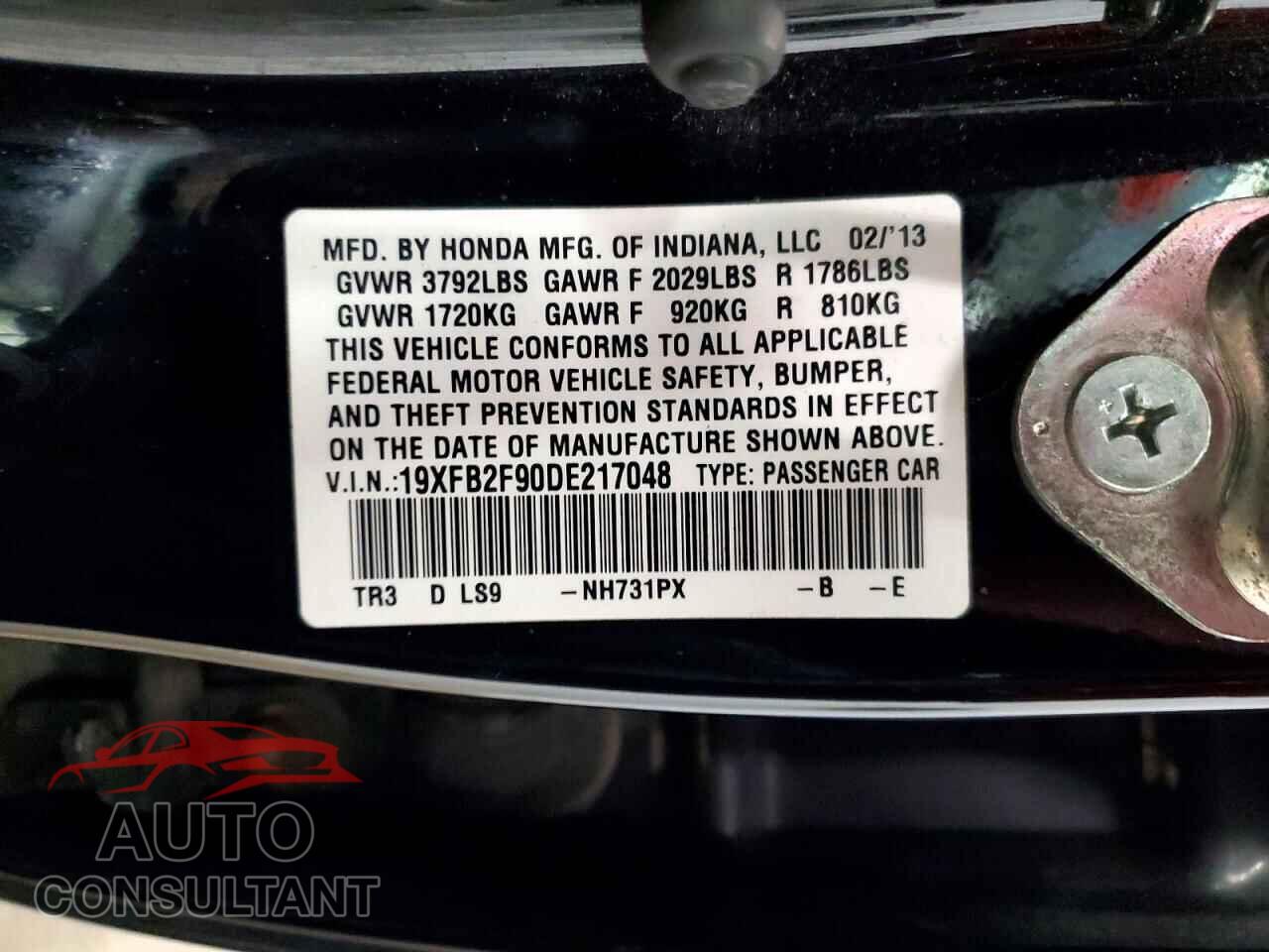 HONDA CIVIC 2013 - 19XFB2F90DE217048