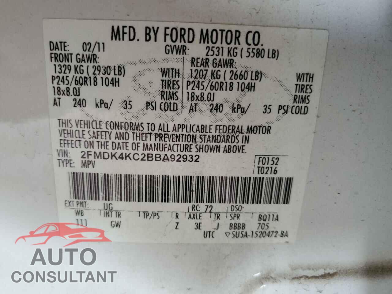 FORD EDGE 2011 - 2FMDK4KC2BBA92932