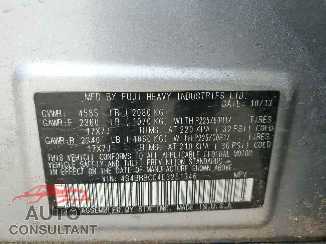 SUBARU OUTBACK 2014 - 4S4BRBCC4E3251346