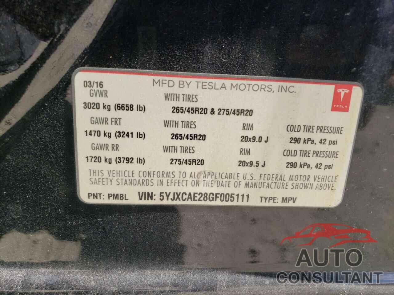 TESLA MODEL X 2016 - 5YJXCAE28GF005111