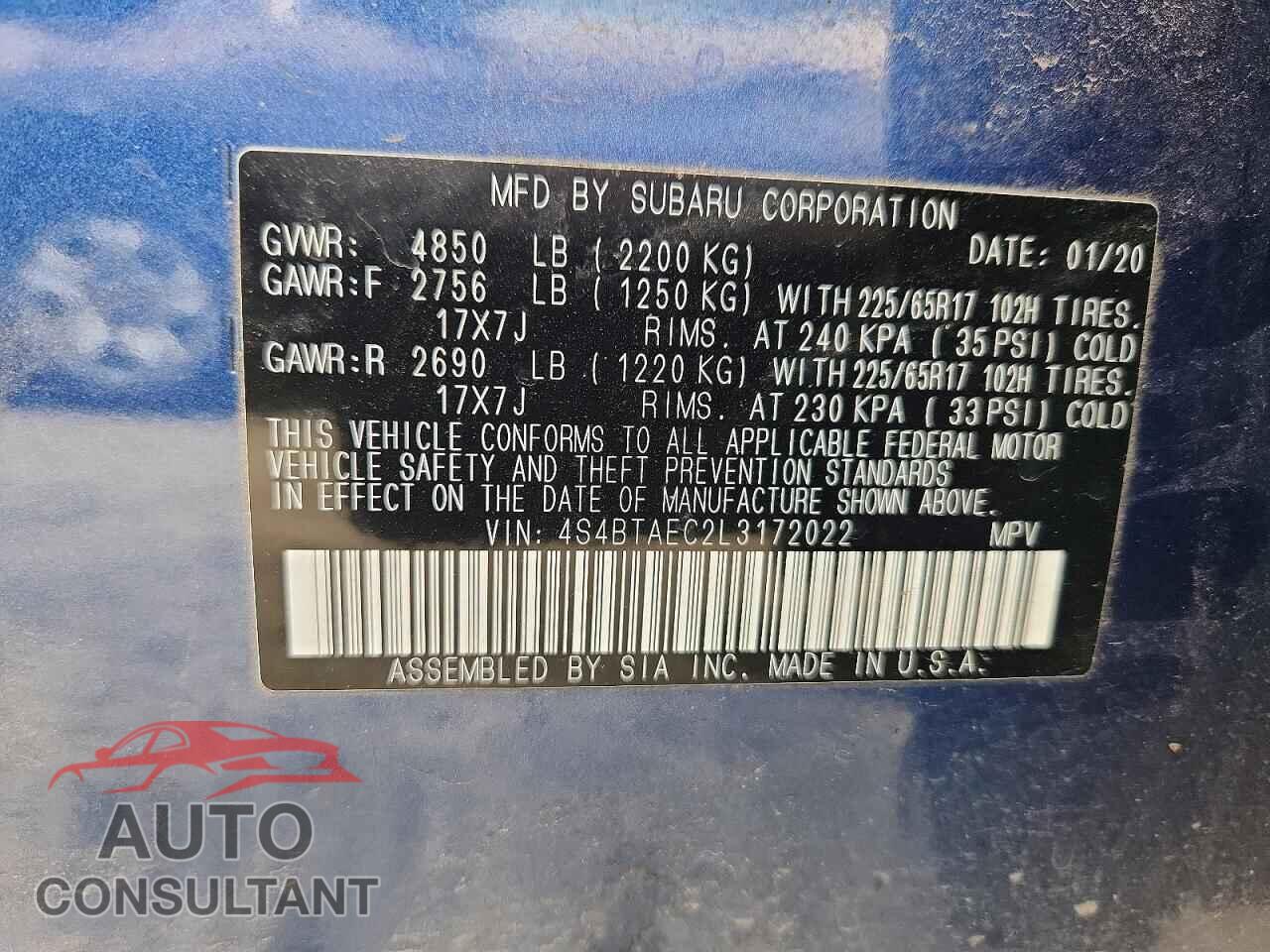 SUBARU OUTBACK 2020 - 4S4BTAEC2L3172022