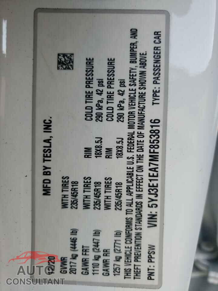 TESLA MODEL 3 2021 - 5YJ3E1EA7MF853816