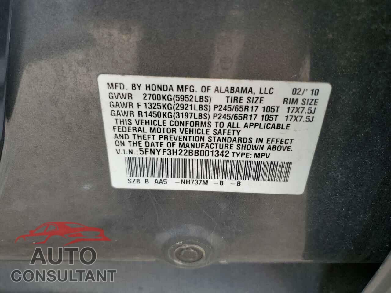 HONDA PILOT 2011 - 5FNYF3H22BB001342