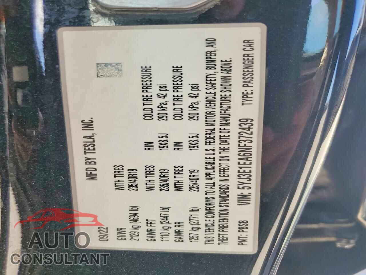 TESLA MODEL 3 2022 - 5YJ3E1EA6NF372439