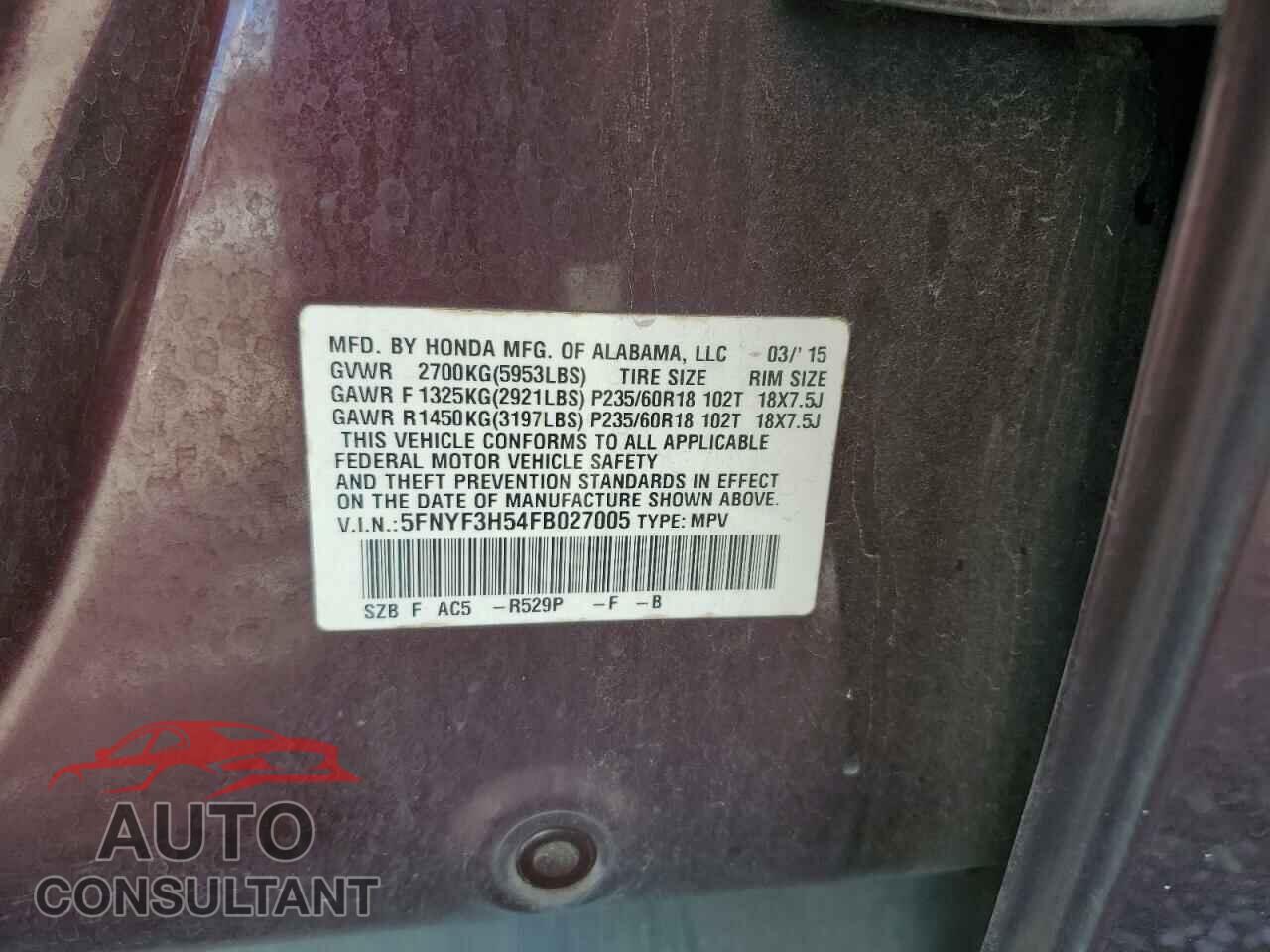 HONDA PILOT 2015 - 5FNYF3H54FB027005