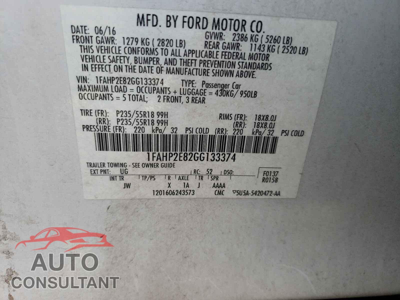 FORD TAURUS 2016 - 1FAHP2E82GG133374