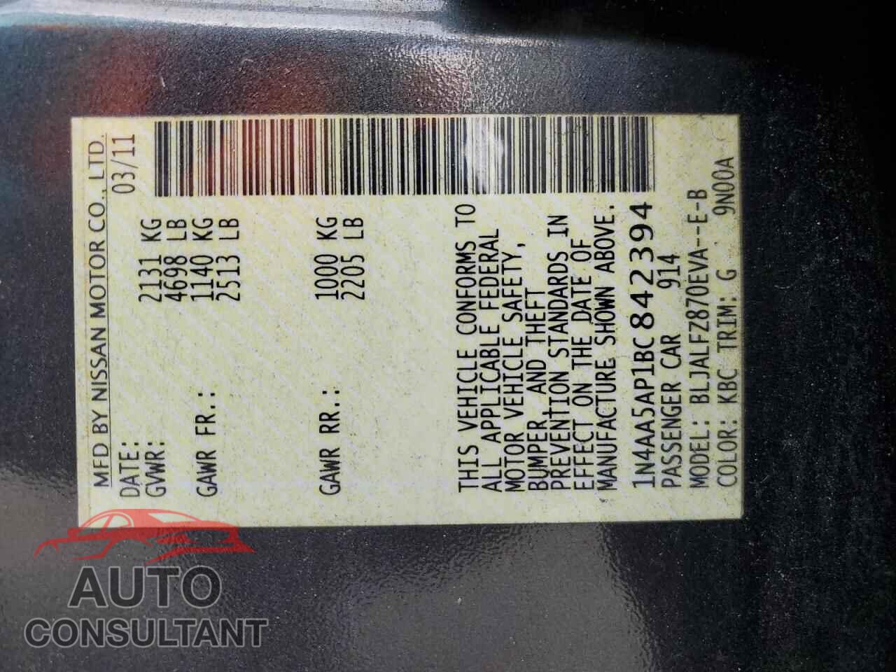 NISSAN MAXIMA 2011 - 1N4AA5AP1BC842394