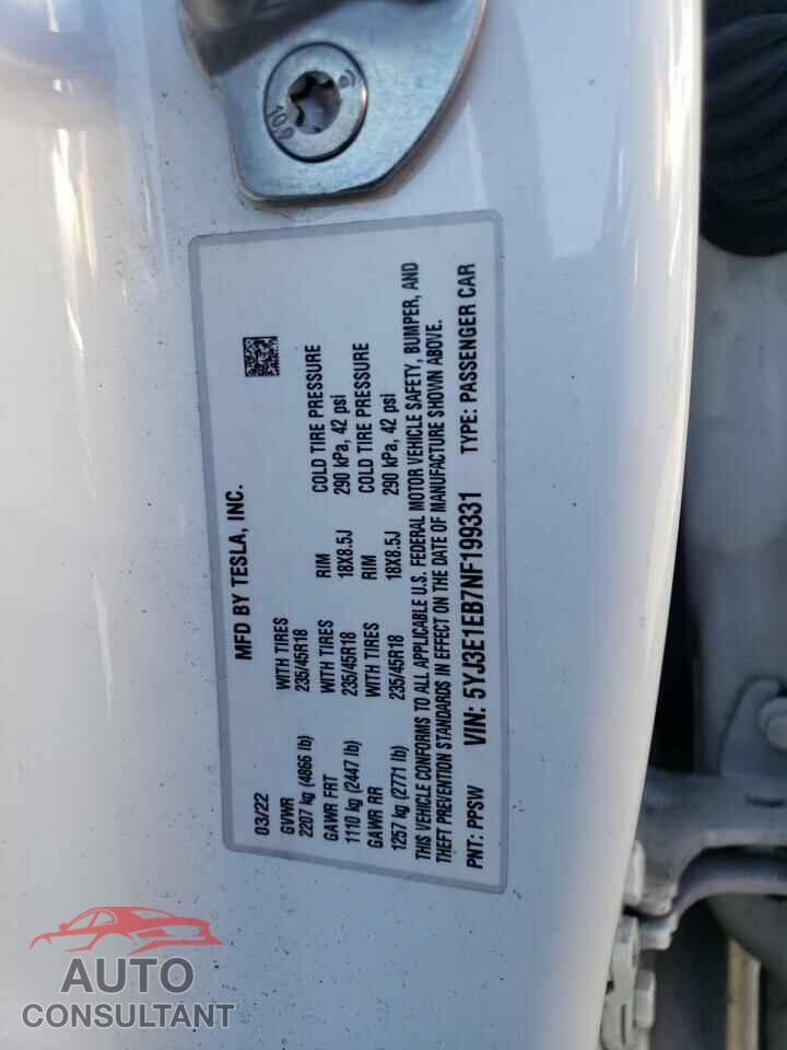 TESLA MODEL 3 2022 - 5YJ3E1EB7NF199331