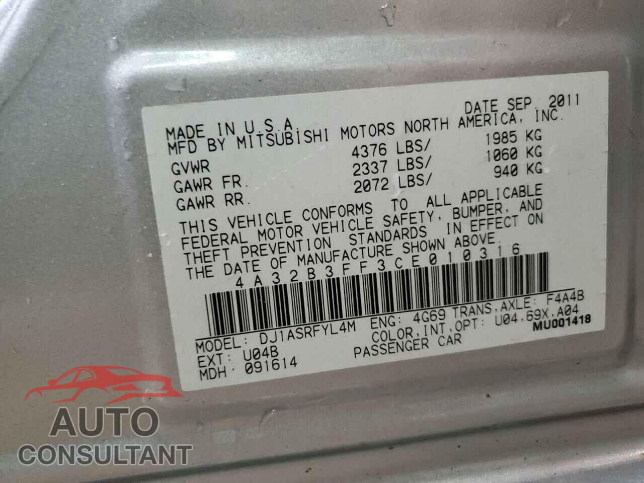 MITSUBISHI GALANT 2012 - 4A32B3FF3CE010316