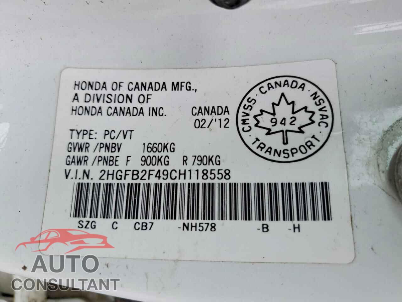 HONDA CIVIC 2012 - 2HGFB2F49CH118558