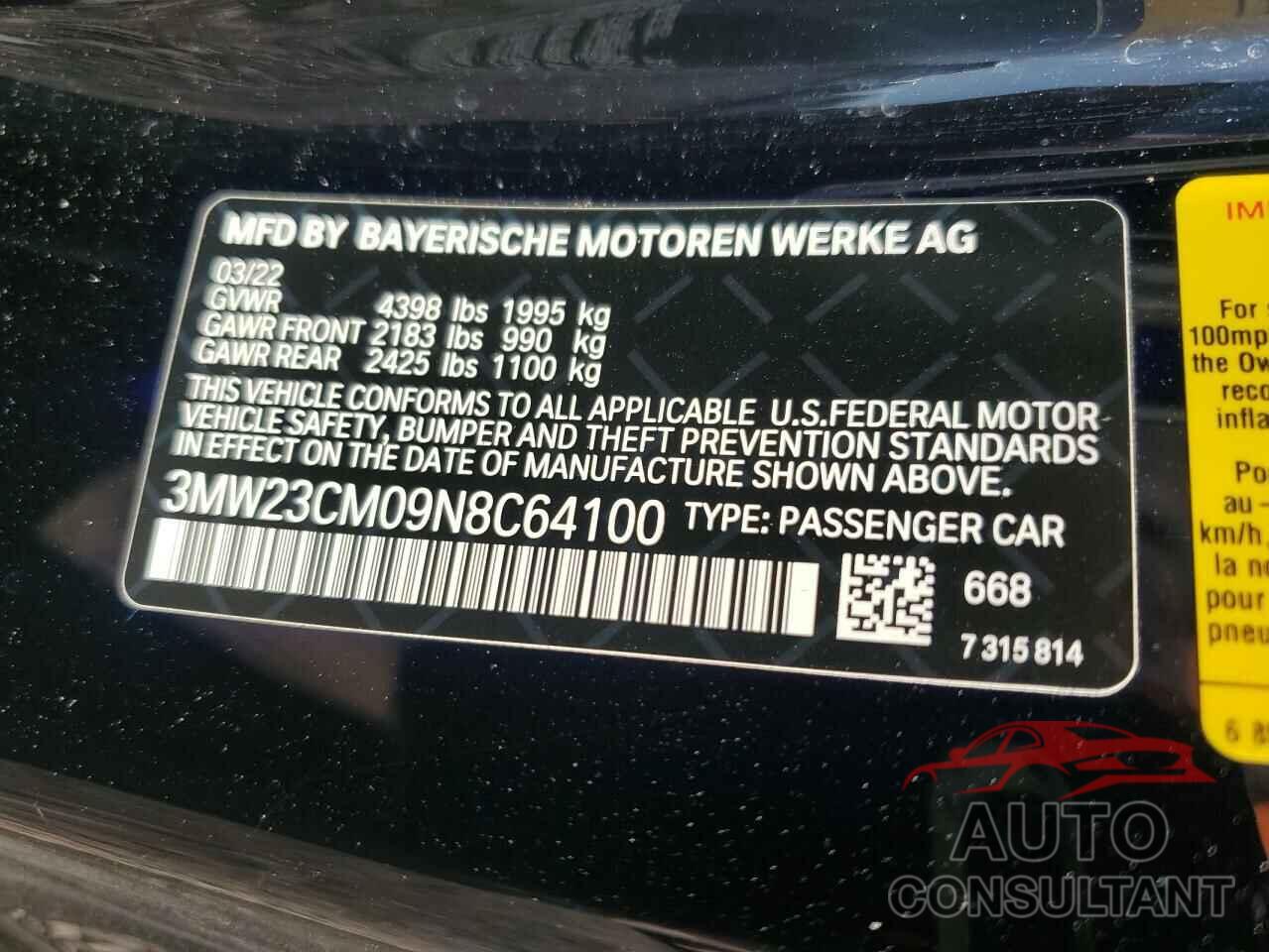 BMW 2 SERIES 2022 - 3MW23CM09N8C64100