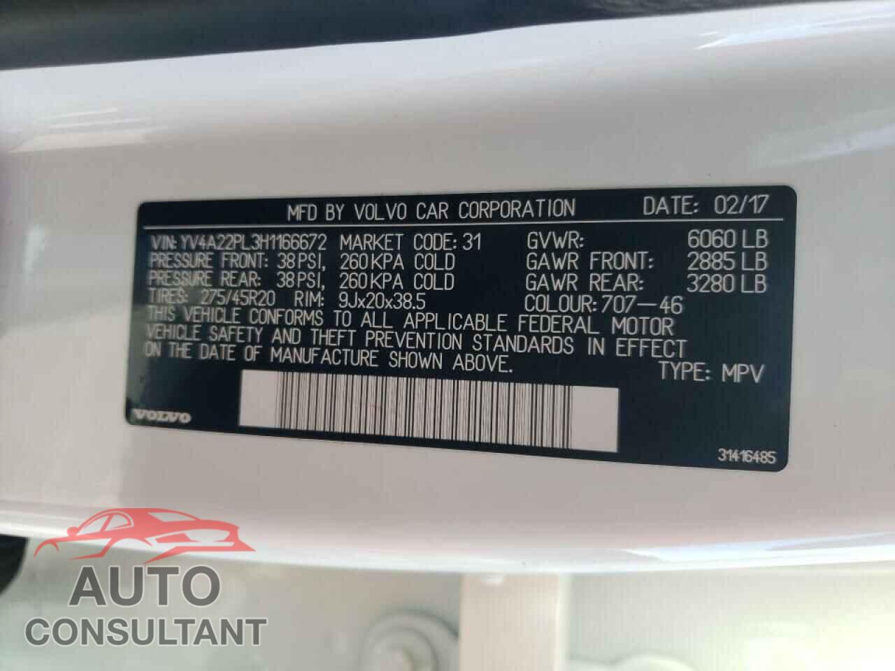 VOLVO XC90 2017 - YV4A22PL3H1166672