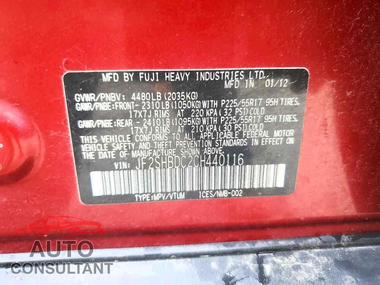 SUBARU FORESTER 2012 - JF2SHBDC2CH440116