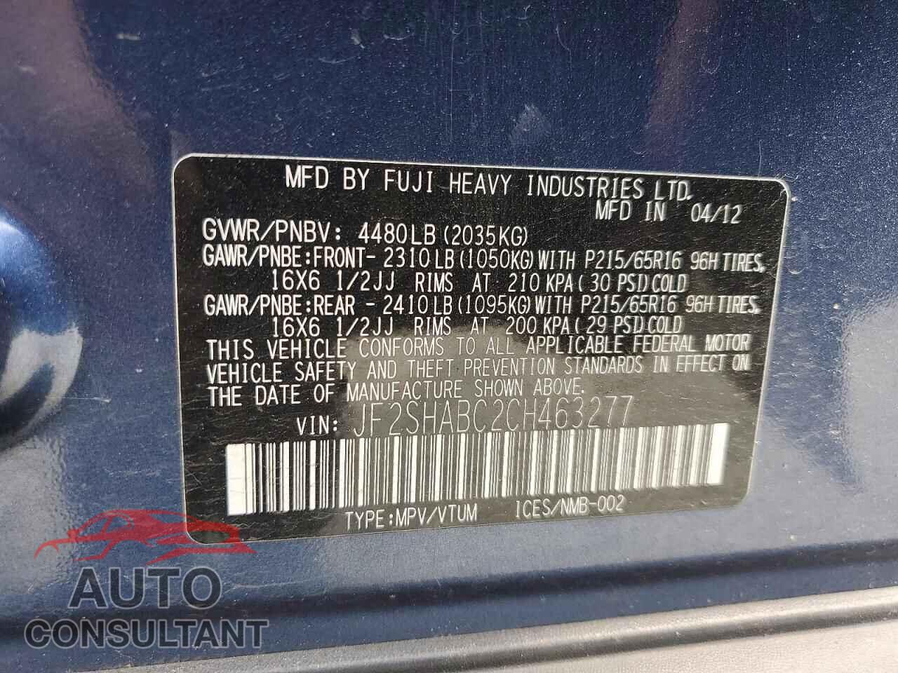 SUBARU FORESTER 2012 - JF2SHABC2CH463277