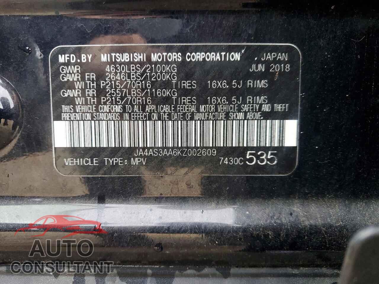 MITSUBISHI ECLIPSE 2019 - JA4AS3AA6KZ002609