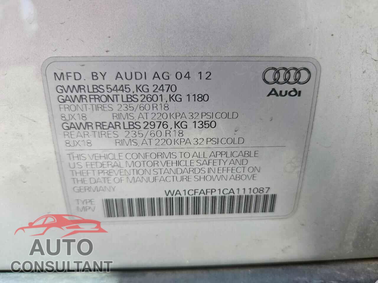 AUDI Q5 2012 - WA1CFAFP1CA111087