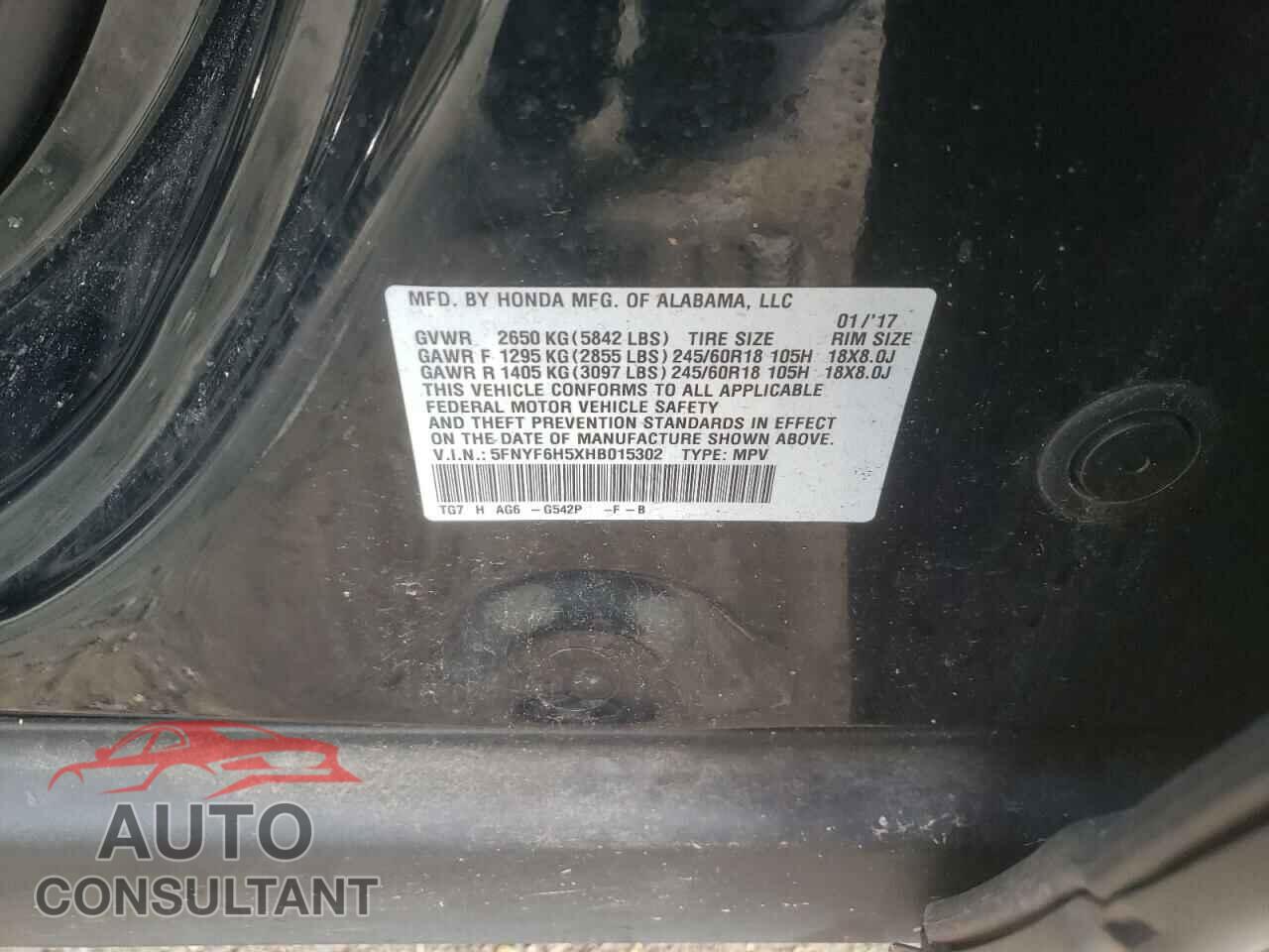 HONDA PILOT 2017 - 5FNYF6H5XHB015302