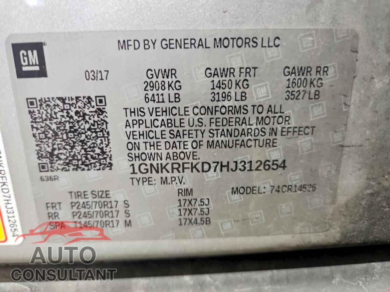 CHEVROLET TRAVERSE 2017 - 1GNKRFKD7HJ312654