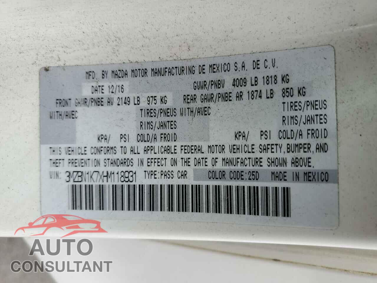 MAZDA 3 2017 - 3MZBN1K7XHM118931