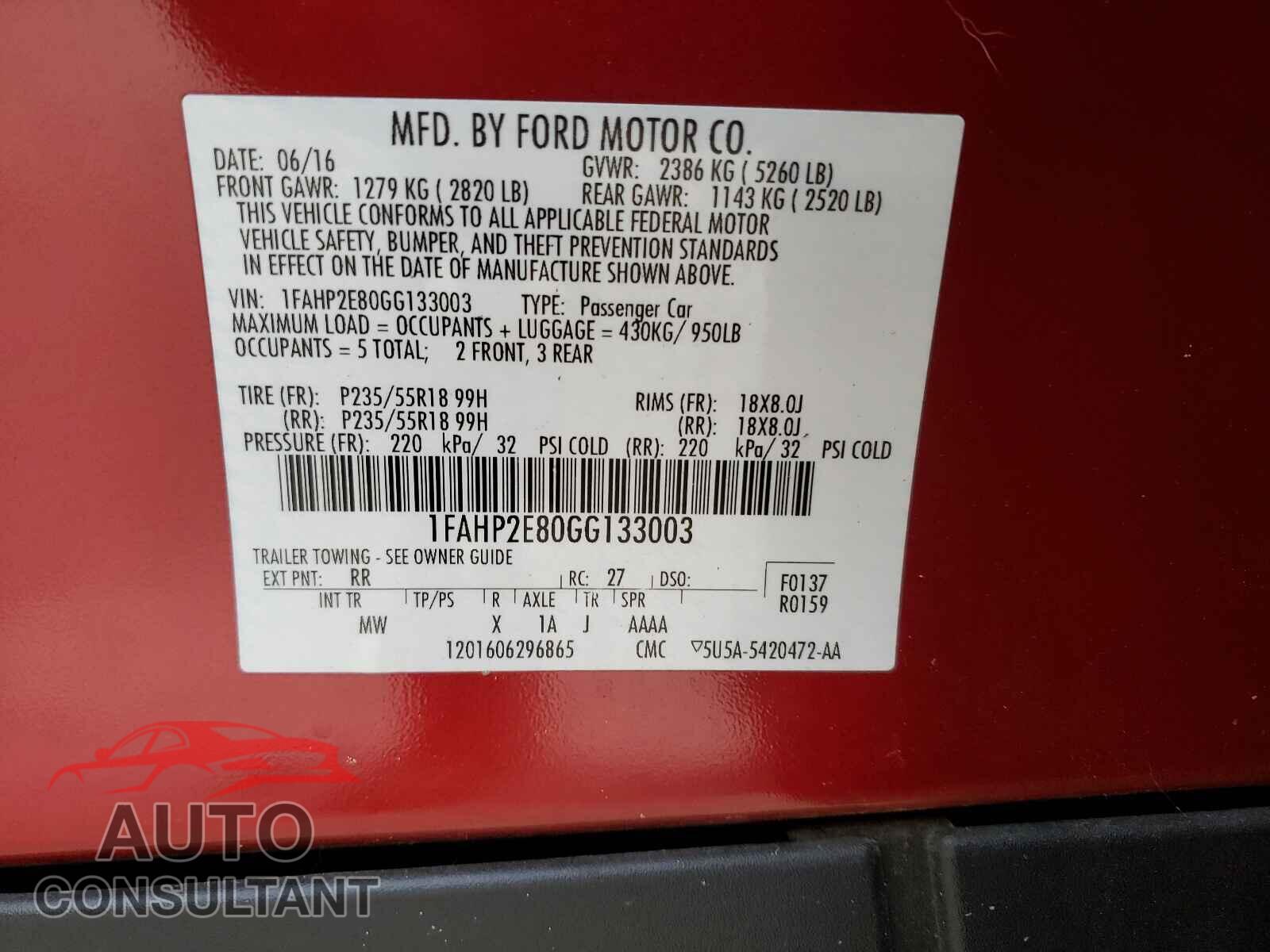 FORD TAURUS 2016 - 1FAHP2E80GG133003