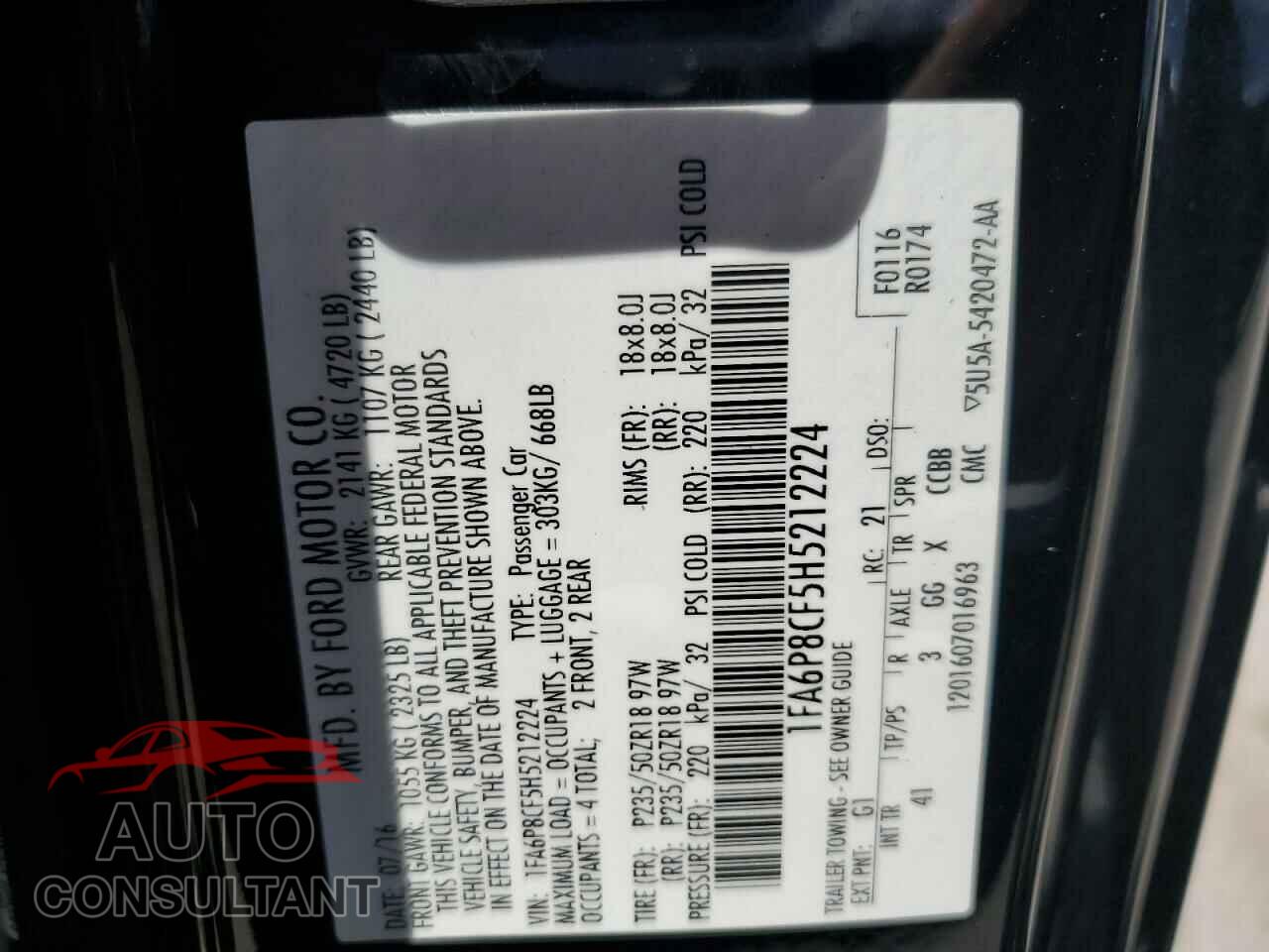 FORD MUSTANG 2017 - 1FA6P8CF5H5212224