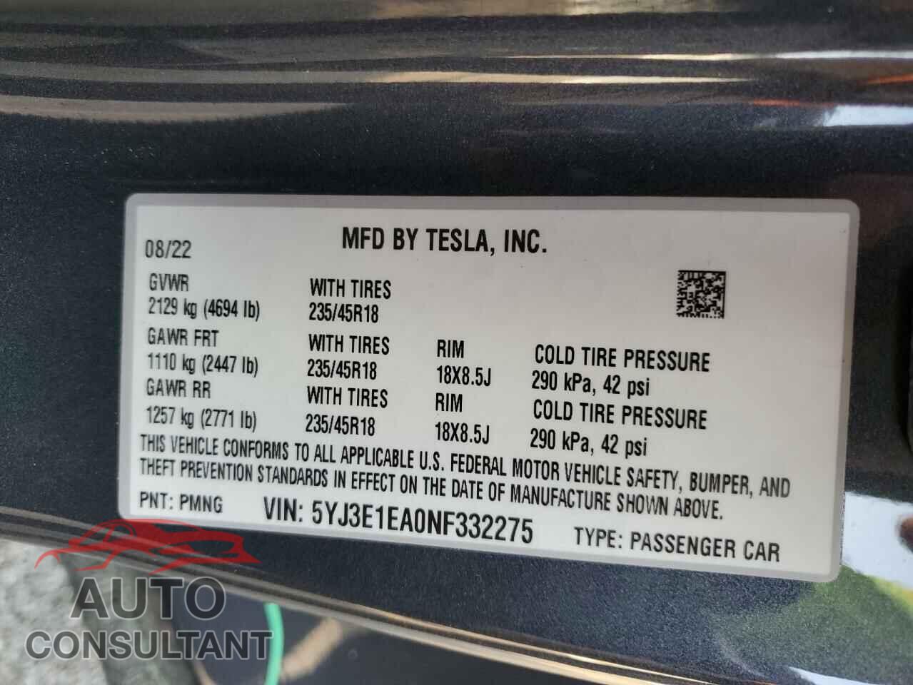 TESLA MODEL 3 2022 - 5YJ3E1EA0NF332275