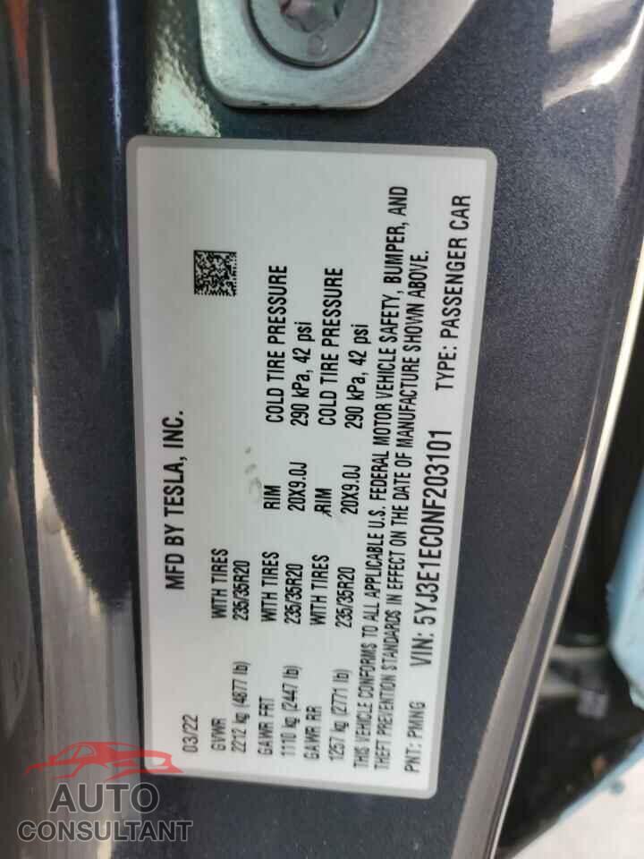 TESLA MODEL 3 2022 - 5YJ3E1EC0NF203101