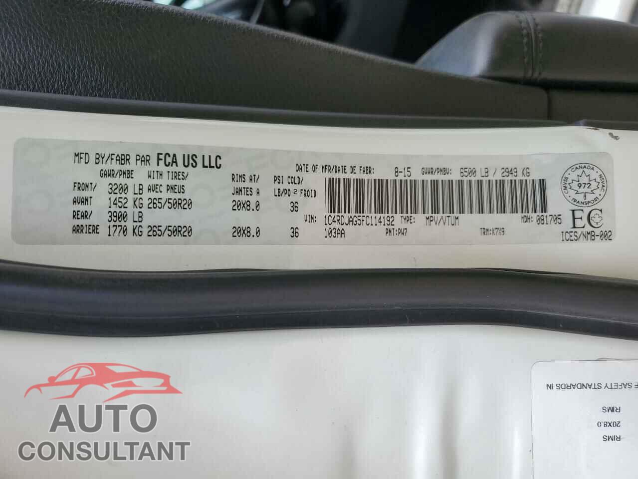 DODGE DURANGO 2015 - 1C4RDJAG5FC114192