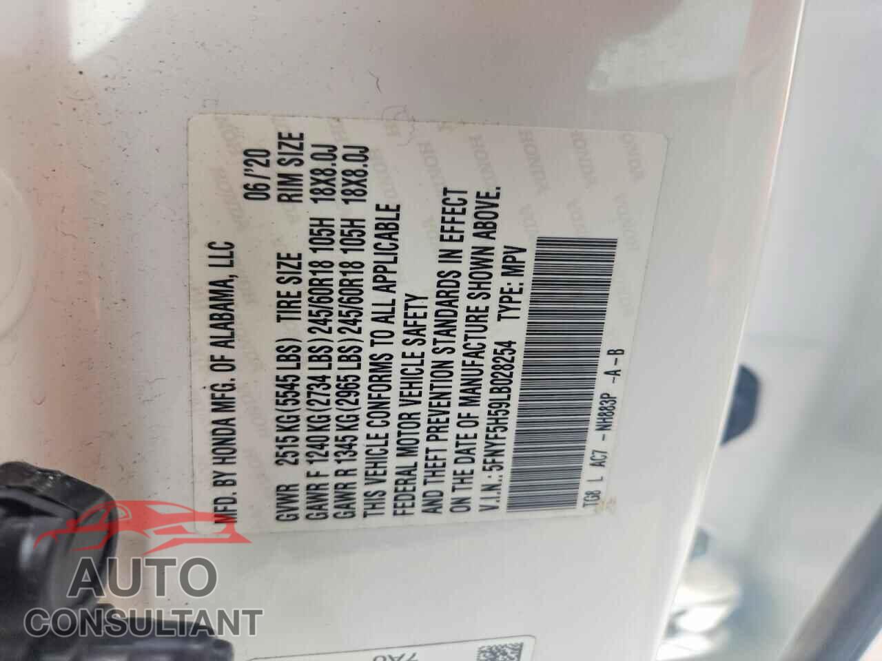 HONDA PILOT 2020 - 5FNYF5H59LB028254