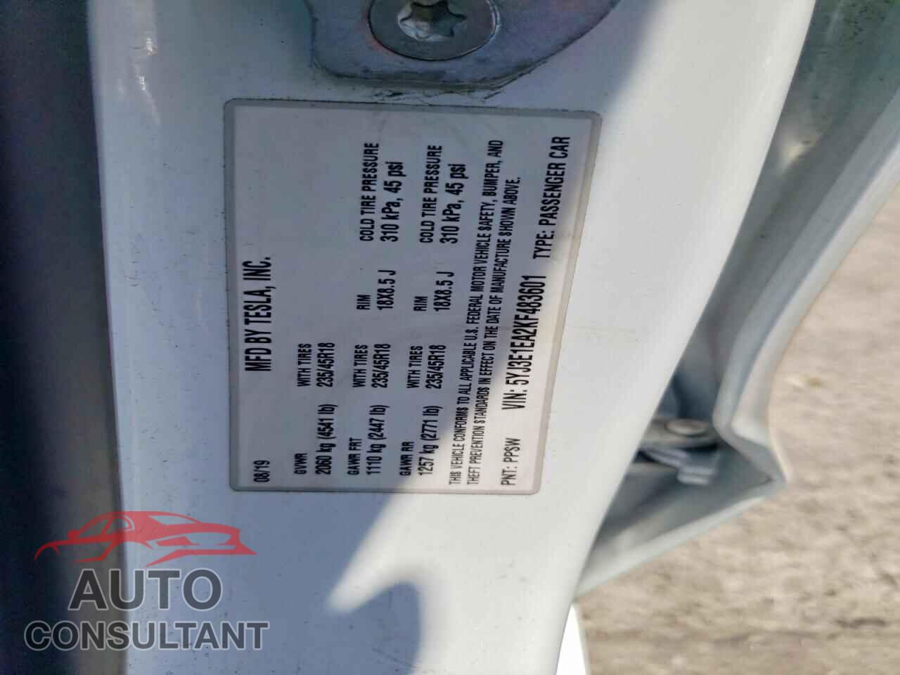 TESLA MODEL 3 2019 - 5YJ3E1EA2KF483601