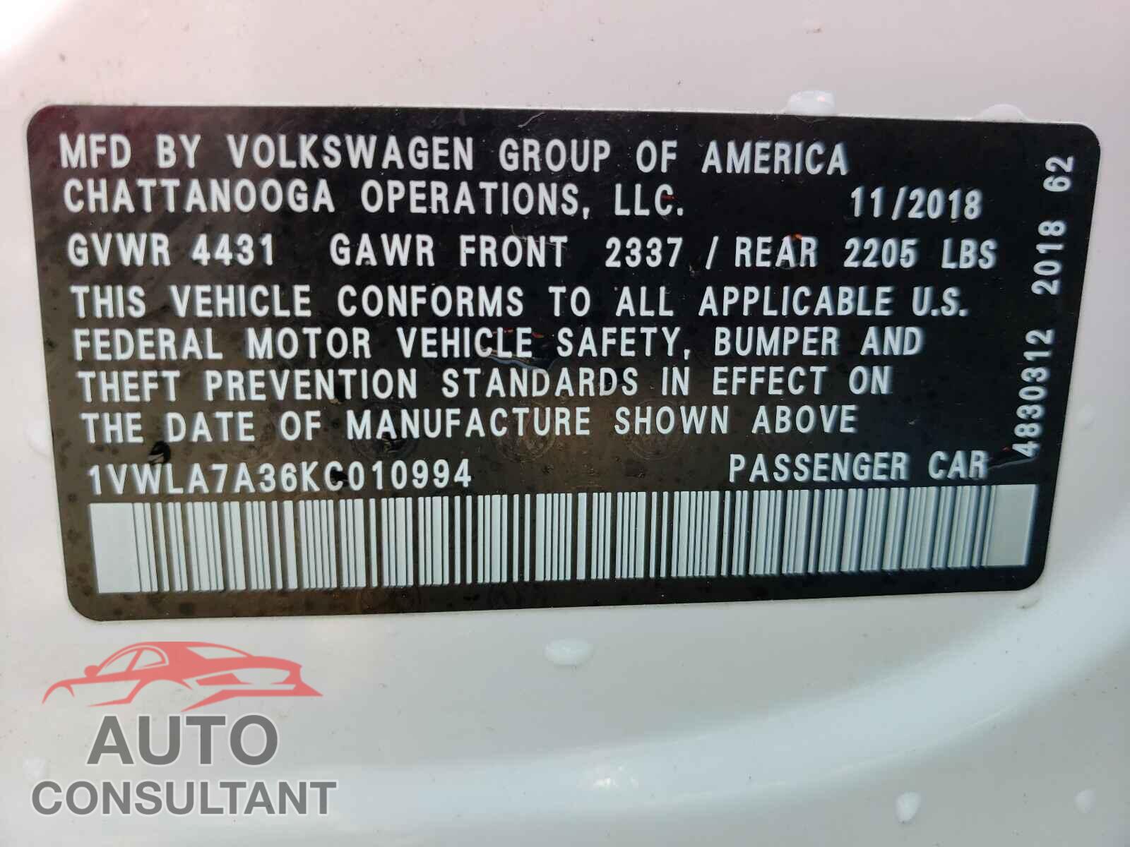 VOLKSWAGEN PASSAT 2019 - 1VWLA7A36KC010994