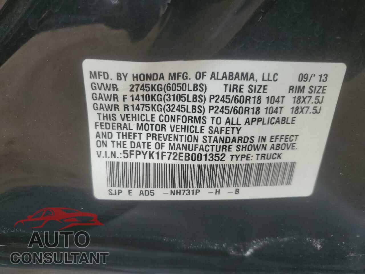 HONDA RIDGELINE 2014 - 5FPYK1F72EB001352